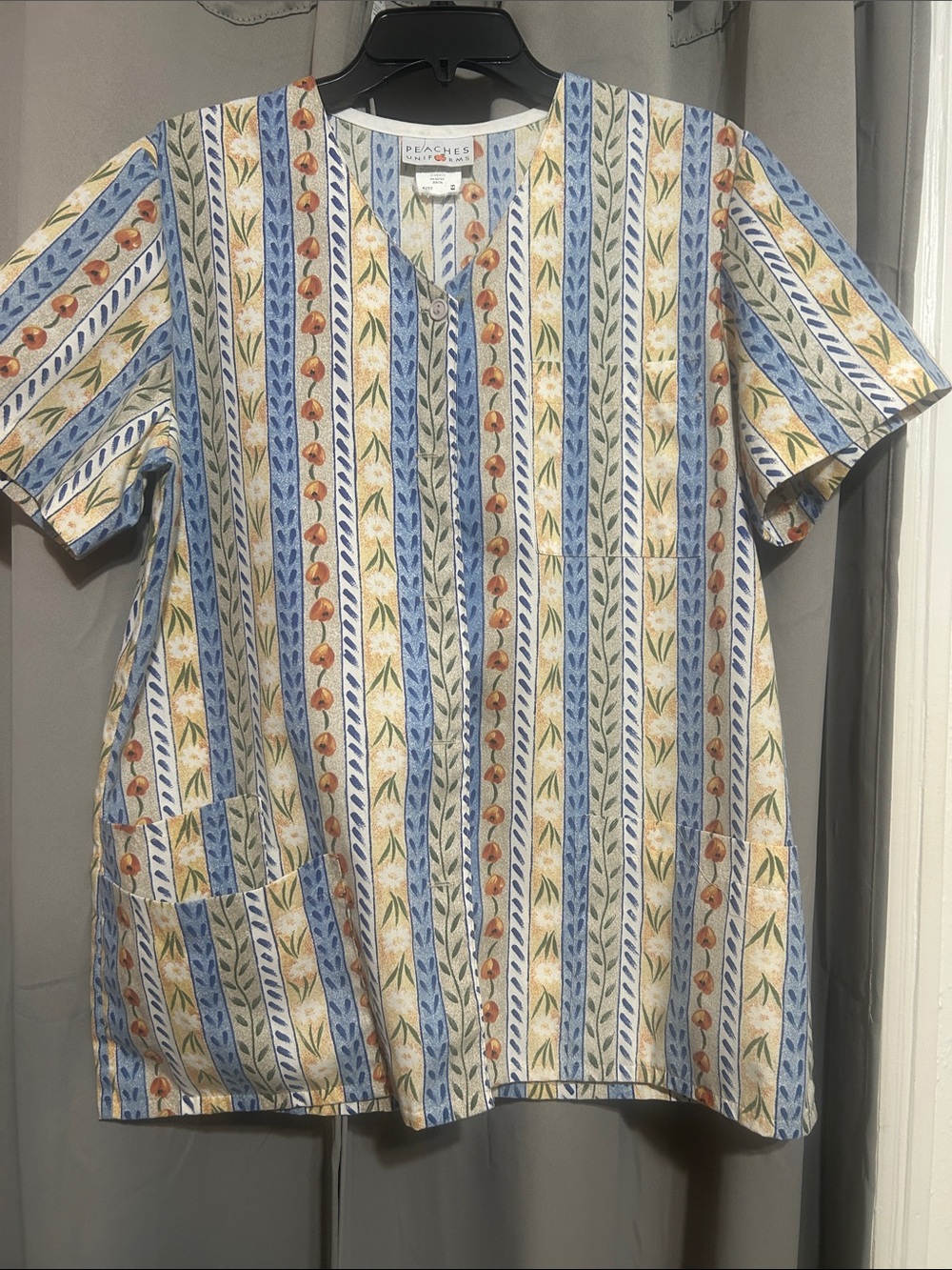 Peaches Uniforms Striped Floral Short Sleeve Shirt in Blue, Cream & Orange